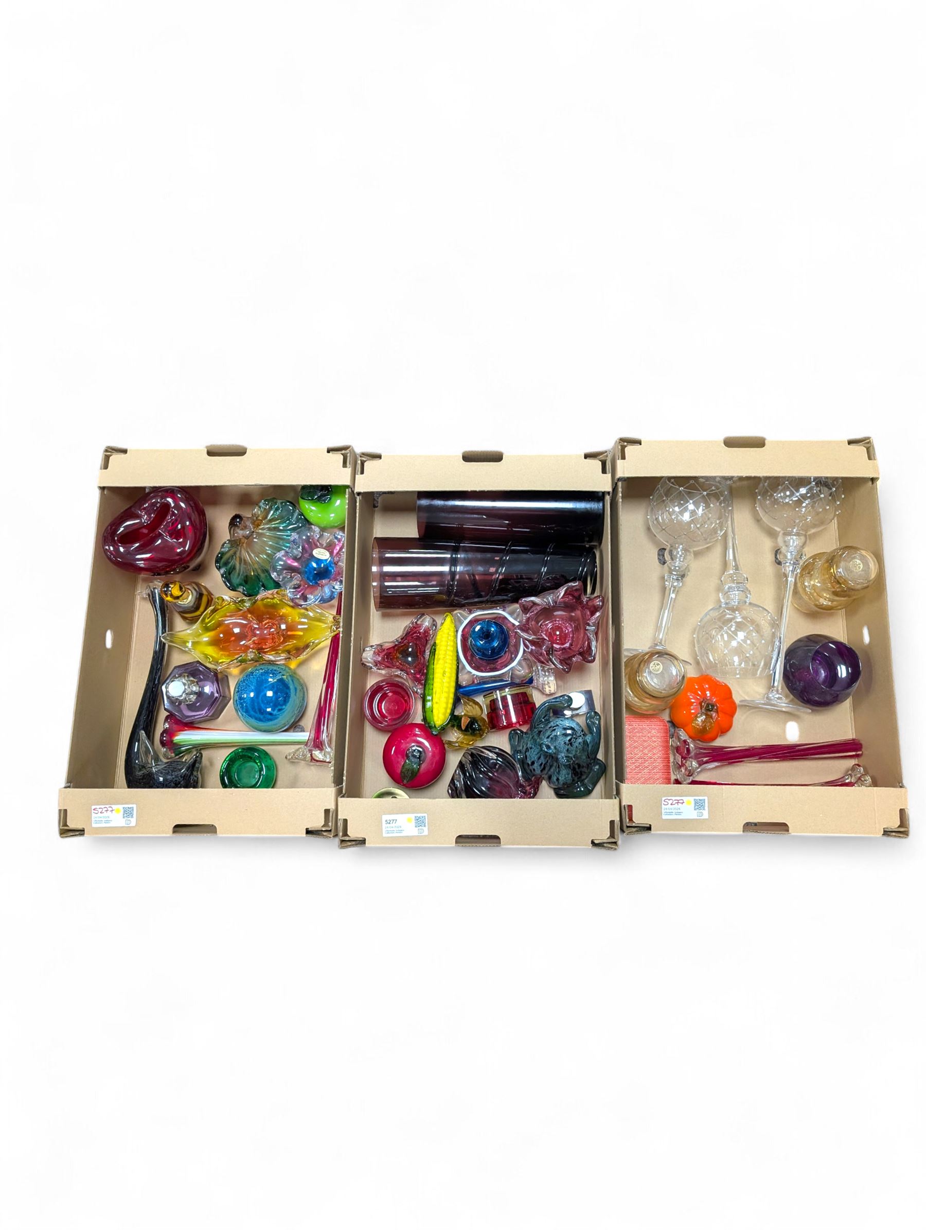 Collection of Art glass, including Langham Frog, apple and corn models, Murano style swan and vases, etc, in three boxes