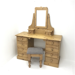 Pine twin pedestal dressing table, eight drawers, plinth base (W130cm, H80cm, D51cm) a dressing mirror with two trinket drawers and a stool