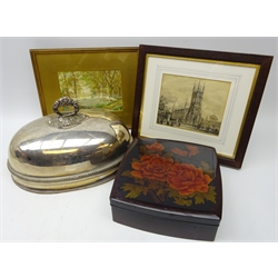  Victorian silver-plated meat dome with gadroon border and foliate cast handle, L39cm, Lacquer box and cover, framed woodland scene watercolour, 19th century drawing by S P Morton & finished by A W Morton, framed   