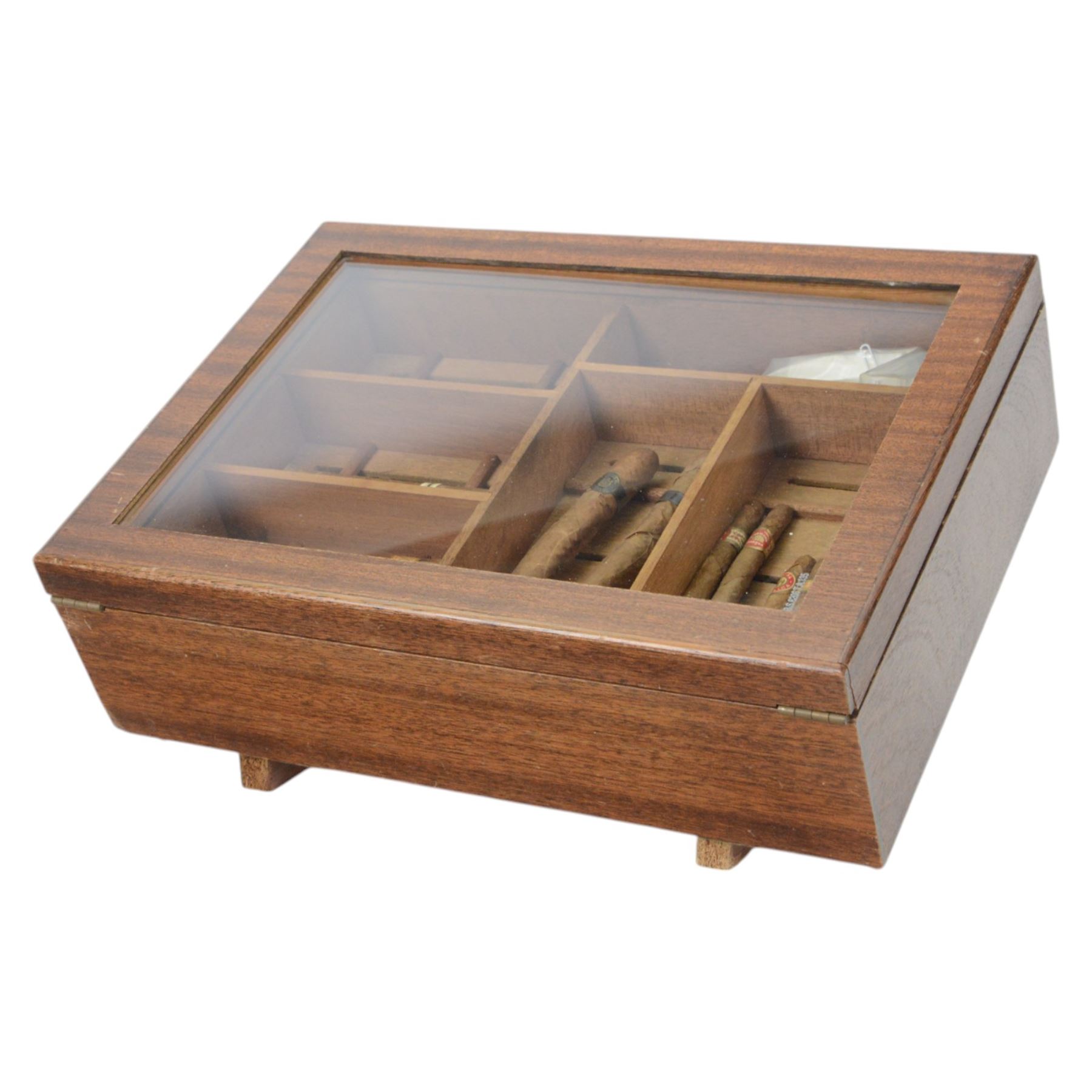 Shop display humidor with lockable glazed lifting lid, the removable tray containing selection of cigars including Fabrica des Tabacos, Jamaica Tobacco Company etc, H26cm D30cm, L42cm