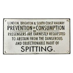 Cast iron London Brighton & South Coast Railway prevention of consumption and spitting sign, L29cm
THIS LOT IS TO BE COLLECTED BY APPOINTMENT FROM DUGGLEBY STORAGE, GREAT HILL, EASTFIELD, SCARBOROUGH, YO11 3TX