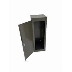 Grey steel half-size gun cabinet, no internal divisions, internally H64.5cm W24cm D22cm with single door to accommodate pad lock; and tall and narrow mahogany display cabinet with single glazed door (formerly used as a gun cabinet) H129cm W29cm D18cm (2)