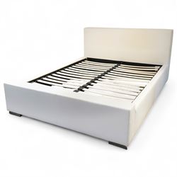 Contemporary upholstered double size bed frame, plain rectangular headboard and footboard upholstered in cream faux leather, sprung beech slatted base raised on concealed feet