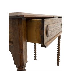 Victorian oak side table, rectangular chamfered top over single drawer, on bobbin turned supports