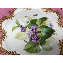 Victorian dessert service, comprising four comports and nine plates, each decorated with floral sprigs to the centre with a pink and gilt border, largest comport H13cm, plate D22.5cm