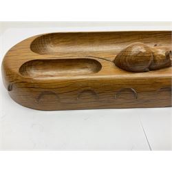 Mouseman - oak pen tray, rectangular form with rounded ends, carved mouse signature over penny moulded edge, by the workshop of Robert Thompson, Kilburn