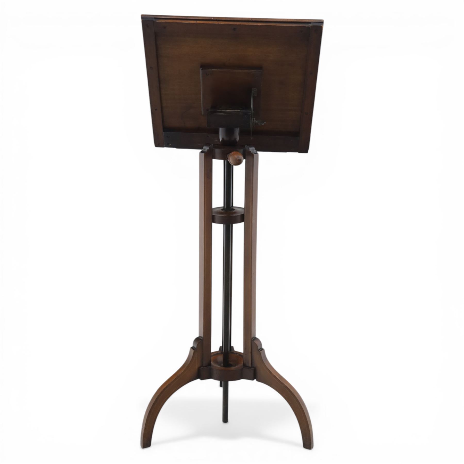 Edwardian inlaid adjustable music stand, with central shelf motif, folding sheet music holder, raised on an adjustable column above three splayed supports 