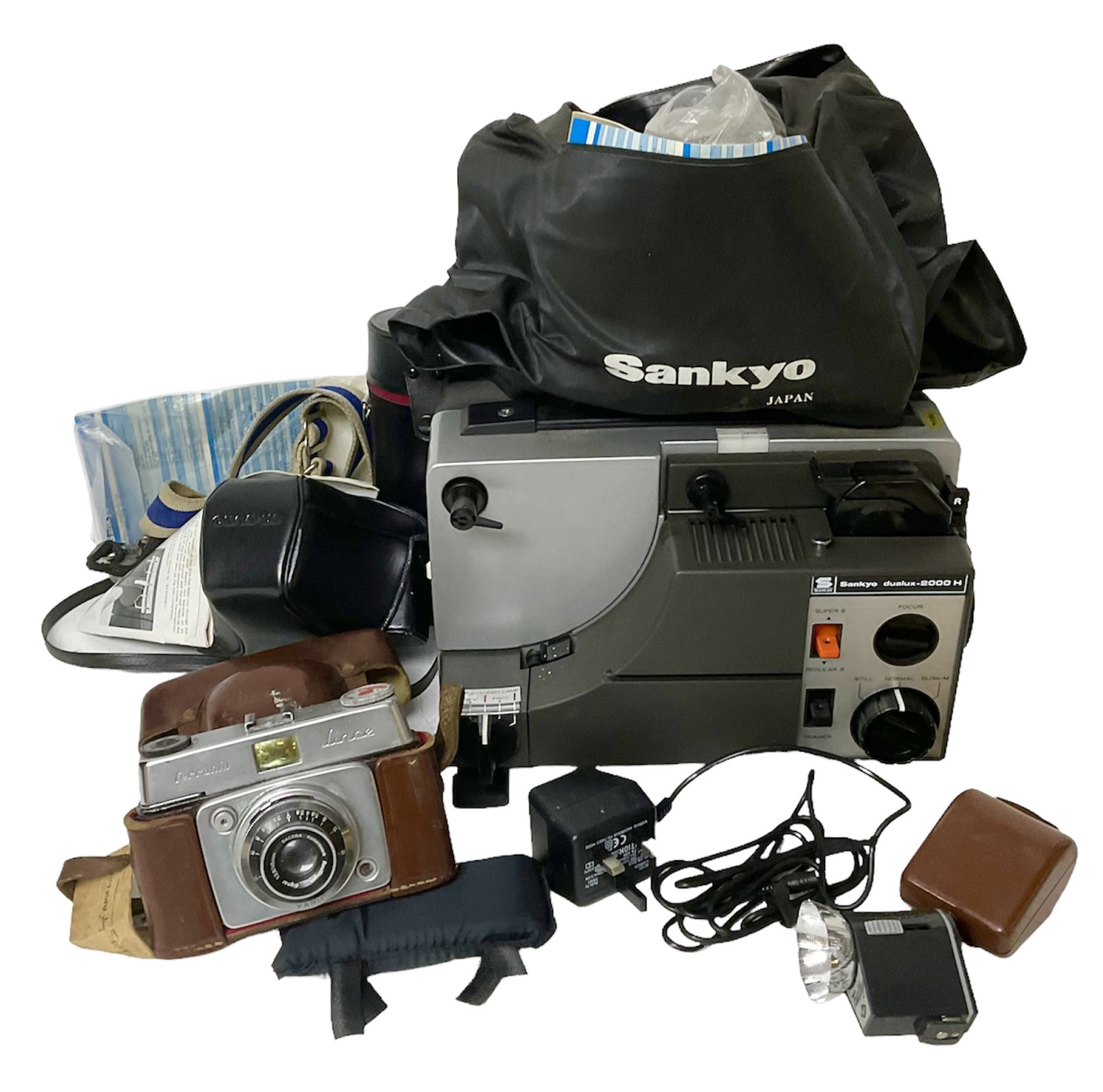Sankyo Dualux-2000H projector, with cover, together with two vintage camera cases, etc