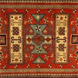 North West Persian Ardebil rug, three-medallion design with central octagonal starburst medallion flanked by two cruciform cartouche-style medallions, main field in terracotta red populated with hooked geometric, zoomorphic shapes and rosettes, main border with a series of eight pointed stars in alternating tones on a dark navy ground, separated by small diamonds and geometric fillers, inner and outer guard stripes with a classic reciprocal sawtooth motif 