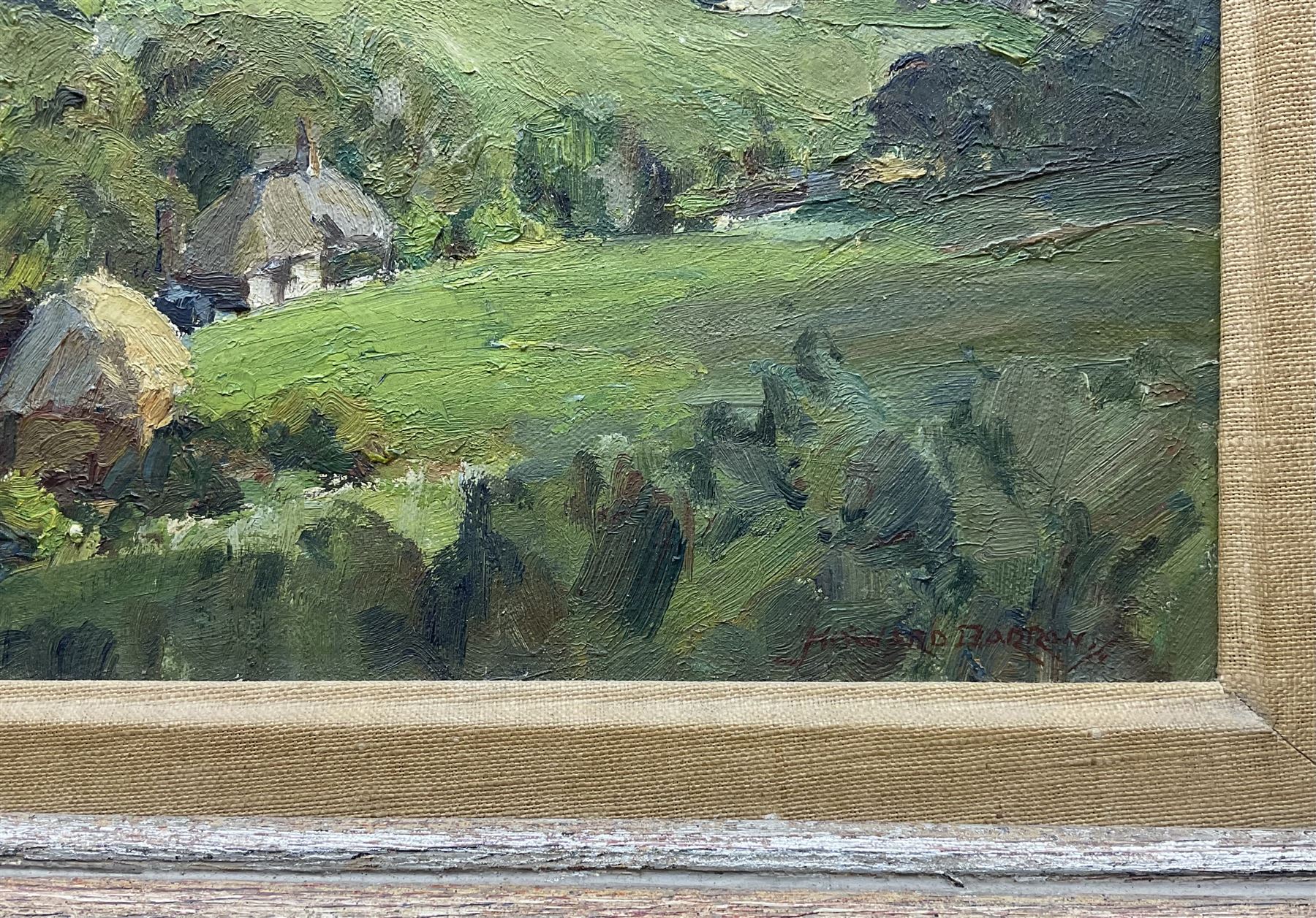 Howard Barron (British 1900-1991): 'Corfe Castle Dorset', oil on artist's board signed, dated May /54 with original titled and Medici Society labels verso 30cm x 40cm