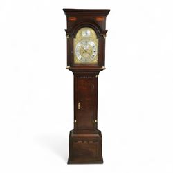 Lister of Halifax -  Oak cased musical longcase clock c1790, 8-day movement sounding the quarters and hours on bells or gong rods, case with a flat pediment and oval  conch inlay beneath, break arch hood door with reeded pilasters and brass Corinthian capitals, trunk with conforming quarter recessed pillars and a long wavy topped door, plinth with a raised panel and applied moulding the the base, break arch brass dial with cast spandrels and engraved dial centre, with a silvered chapter, seconds dial and cartouche with makers name, gongs or bells selector to the arch, chapter with Roman numerals, five minute Arabic's, minute track and steel moon hands, dial pinned directly to a three train weight driven movement with a nest of eight bells and eight gong rods, sounding the hours on either bells or gong rods, with a rack strike and recoil anchor escapement. With pendulum and weights.
The Lister family were a prodigious family of prolific clockmakers working in Halifax and the West Riding area of Yorkshire during the 18th and 19th century, well-known and noted for producing a number of chiming and musical longcase clocks.