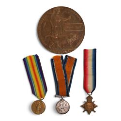 WWI death plaque and medal trio, comprising 1914-15 Star, War medal and Victory medal. awarded to 4697 Pte S Horne R. WAR.R  