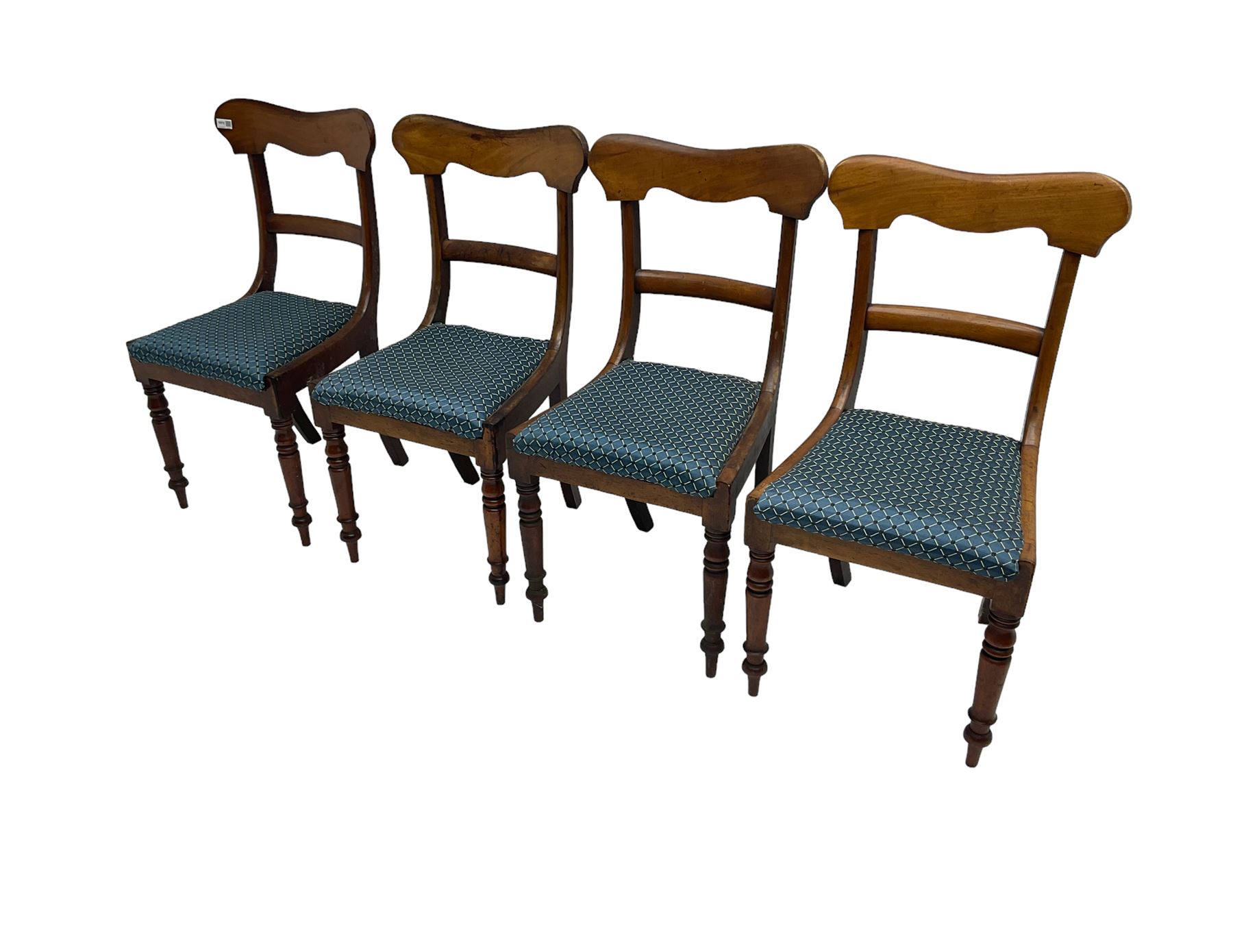 Set four Victorian mahogany dining chairs, shaped cresting rail over centre rail, seat upholstered in blue patterned fabric, raised on turned supports