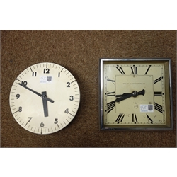  'International Time Recording Co. Ltd' circular wall clock, .TR Services' slave clock, 'GRANT Pul-syn-etic' circular copper cased wall clock and two other clocks   
