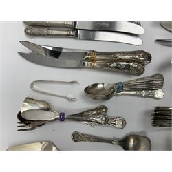 Silver Kings pattern knife, hallmarked Walker & Hall, together with a quantity of silver plated Kings pattern cutlery, including items by Osbourne's and United Cutlers, comprising table knives, table forks, table spoons, serving forks, ladle, berry spoons, teaspoons, dessert forks, cake slice, etc