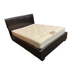 King sized double ottoman bed, upholstered in dark chocolate brown leather, with mattress