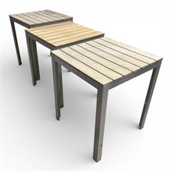 Three aluminium and wood garden tables