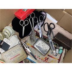  Victorian sampler worked with the alphabet by Carrie Monkman 1886, Victorian silver-plated cigarette case, Carlo simulated tortoiseshell motorised fan in case, Folding Opera Glasses, two chrome leaping Jaguar brooch and matching pin badge, quantity of sewing threads, lace etc