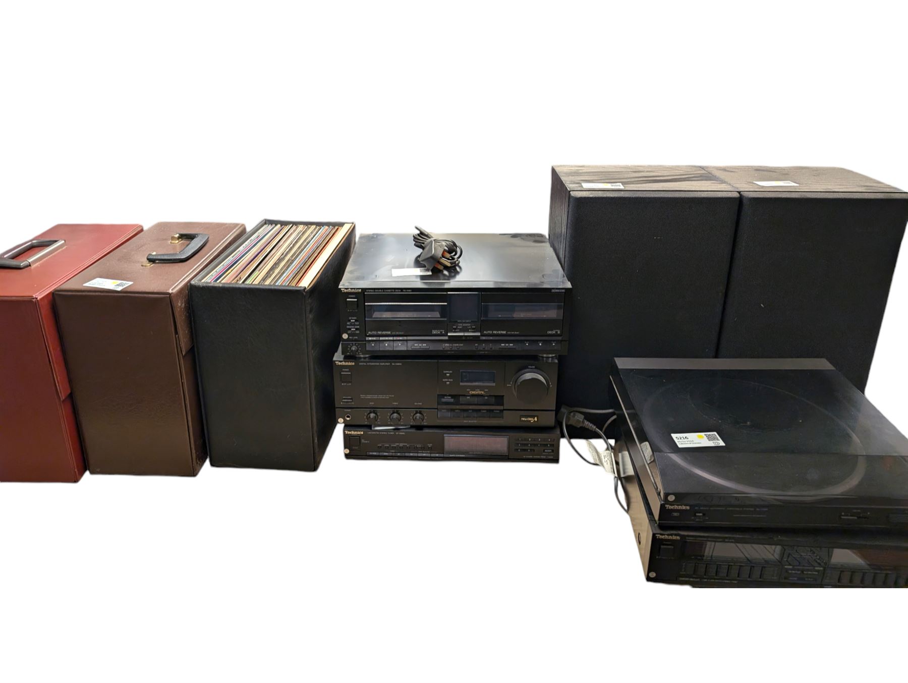 Technics DC Servo Automatic Turntable System Sl-J110R,  Technics HiFi system including Integrated Amplifier SU-X980D, Stereo Tuner ST-X990L, Graphic Equalizer SH-E75, Double Cassette Deck RS-X980, pair of speakers SB-F980, and three boxes of records