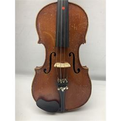 Early 20th century German Saxony three-quarter size violin with 34cm one-piece maple back and ribs and spruce top L55.5cm overall; in ebonised wooden 'coffin' case with bow