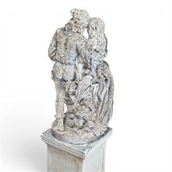 Romeo & Juliet ornate cast stone garden figure, raised on square plinth base