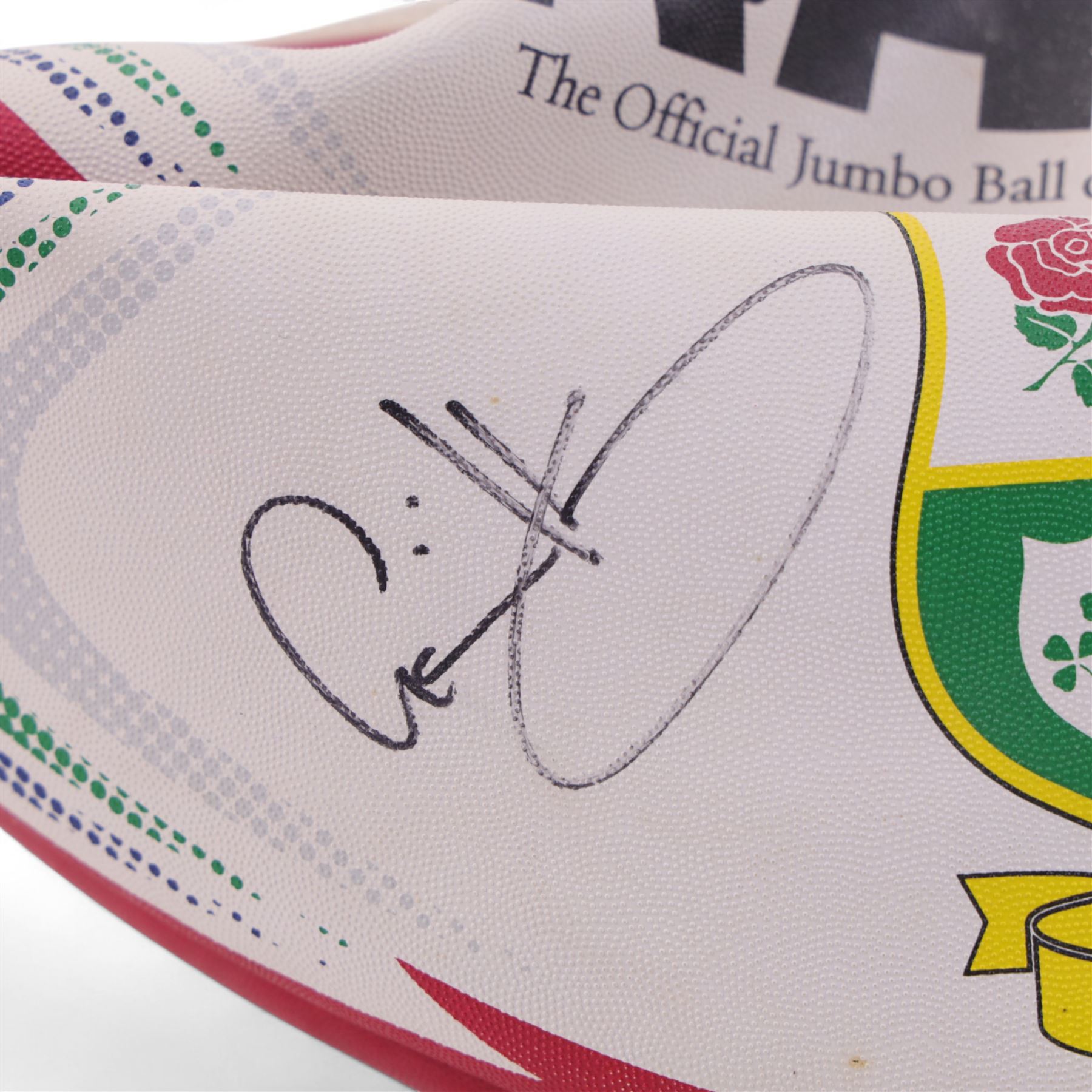 Three signed rugby balls, including 2017 Lions Tour Rhino Jumbo ball, signed by eight players, including Greig Laidlaw, Rugby world cup 2003 example and a 2001 British Lions example