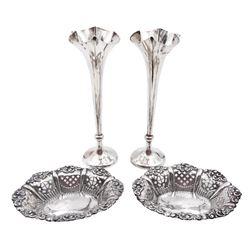 Pair of Edwardian silver trumpet vases with weighted bases,  hallmarked Horace Woodward & Co Ltd, London 1909, H18.5cm, together with a pair of Victorian silver bon bon dishes, of oval form with shaped rim and pierced sides, hallmarked George Unite, Birmingham 1898