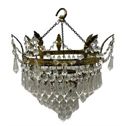 Collection of vintage and modern light fixtures, including copper pendant light, brass five-arm chandelier, hanging lantern and two small chandeliers with hanging faceted droplets (6)