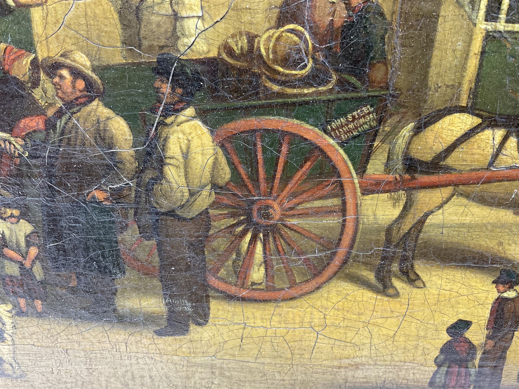 H Wheldon (19th century): High Street outside the Rose and Crown with Durham fishmonger in the foreground, oil on canvas signed and dated 1848, 42cm x 57cm