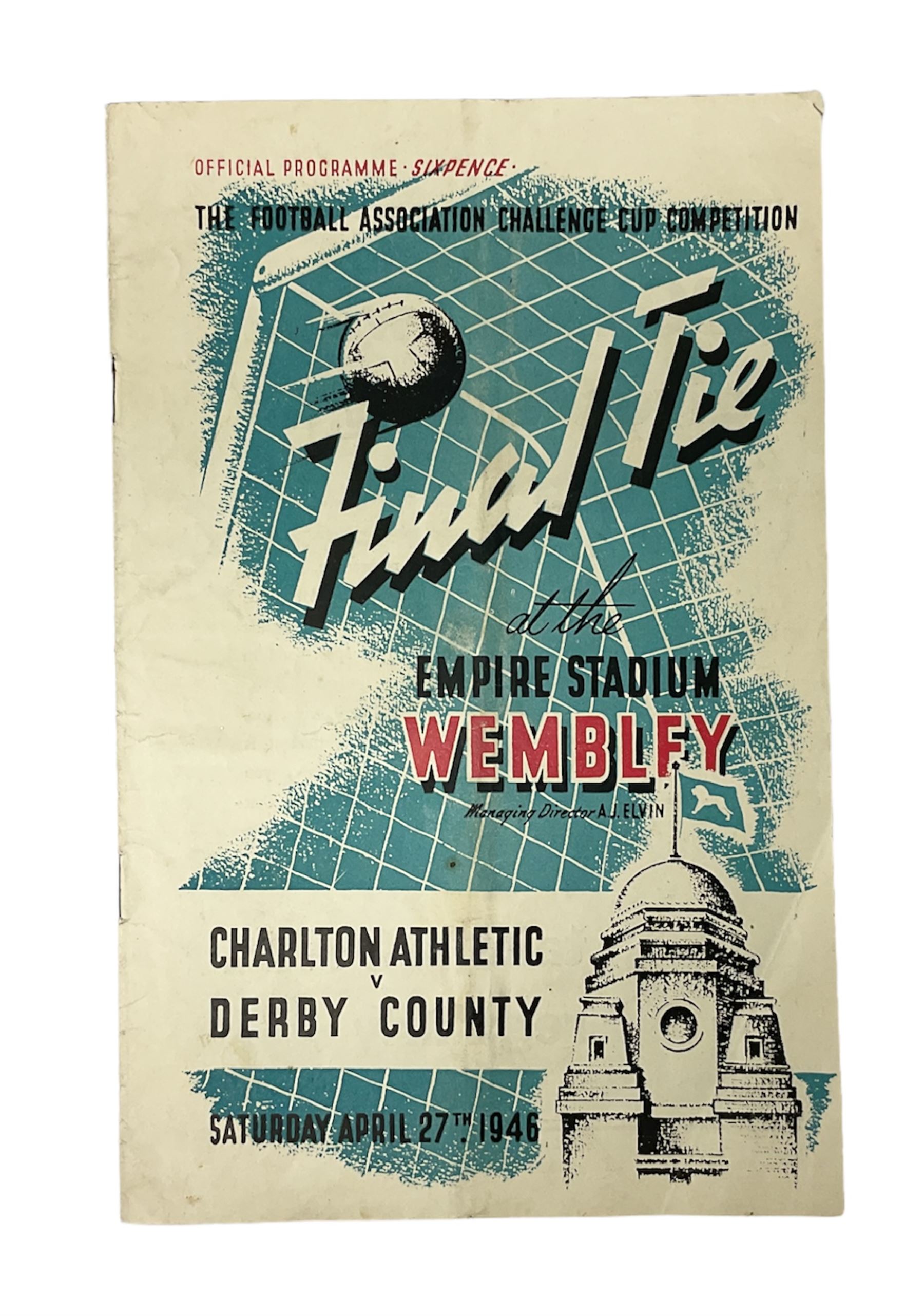 1946 FA Cup Final Charlton Athletic v Derby County football programme played 27th April 1946 at Wembley, signed to the centre pages by Raich Carter above his team name. Provenance: By direct descent from the family of Raich Carter having been consigned by his daughter Jane Carter.