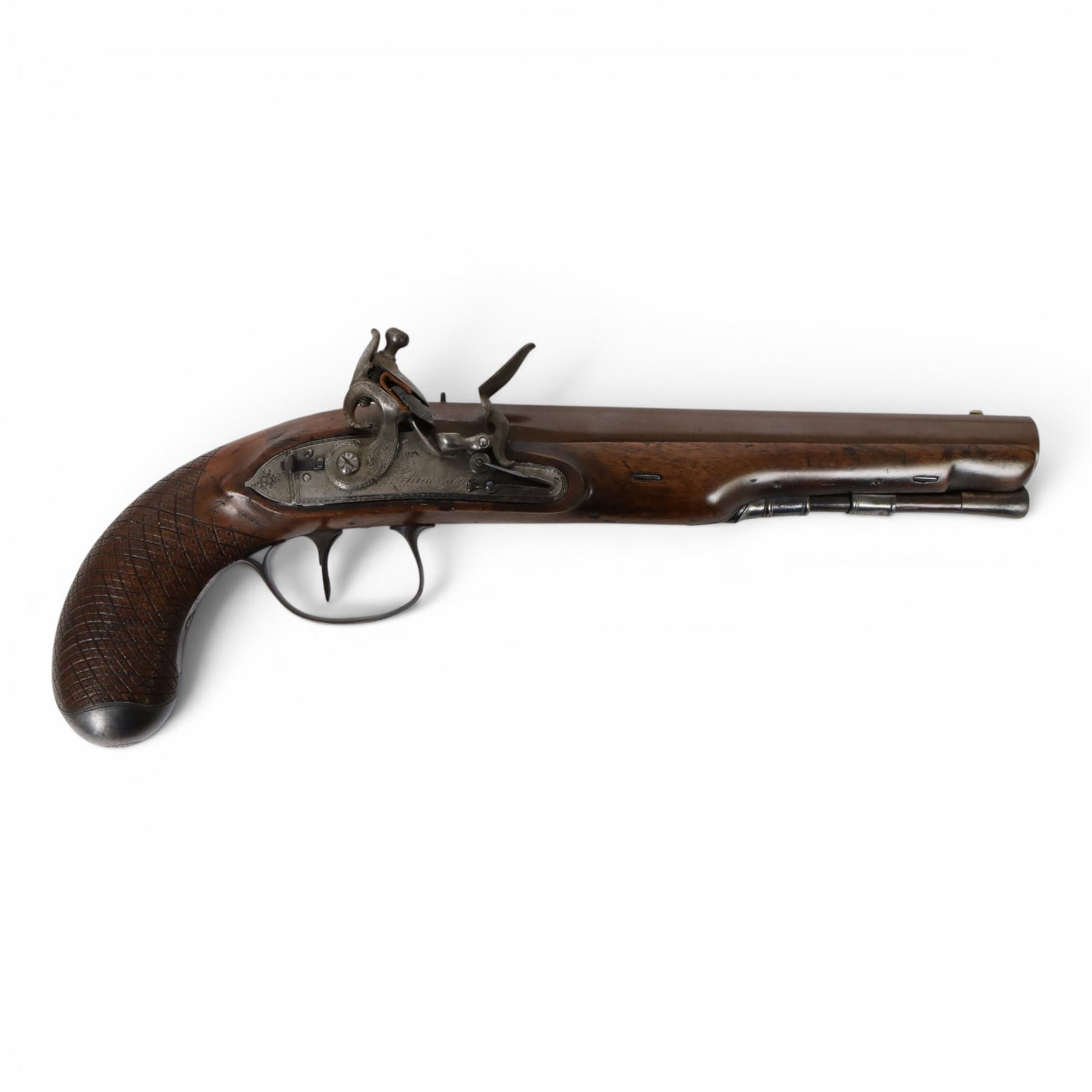 19th century British flintlock pistol by Tatham and Egg, with 21cms Damascus steel sighted barrel with original browning, marked along the top Tatham and Egg London, ramrod beneath, tang and trigger guard engraved with floral scrolls, figured walnut stock with chequered grip and steal butt plate, together with Dixon & Sons Sheffield, three way pistol powder flask, pistol overall L34cm