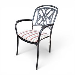 LeisureGrow - cast aluminium circular garden table, lattice design top, black finish; and six matching chairs with openwork back, complete with seat cushions and adjustable parasol