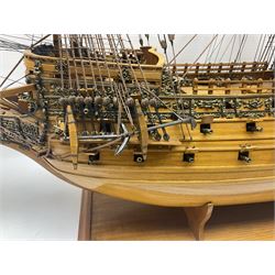 Large kit built scale model of 17th century Royal Navy warship 'HMS Sovereign of the Seas', upon wooden stand with engraved name plaque, H91cm, W111cm