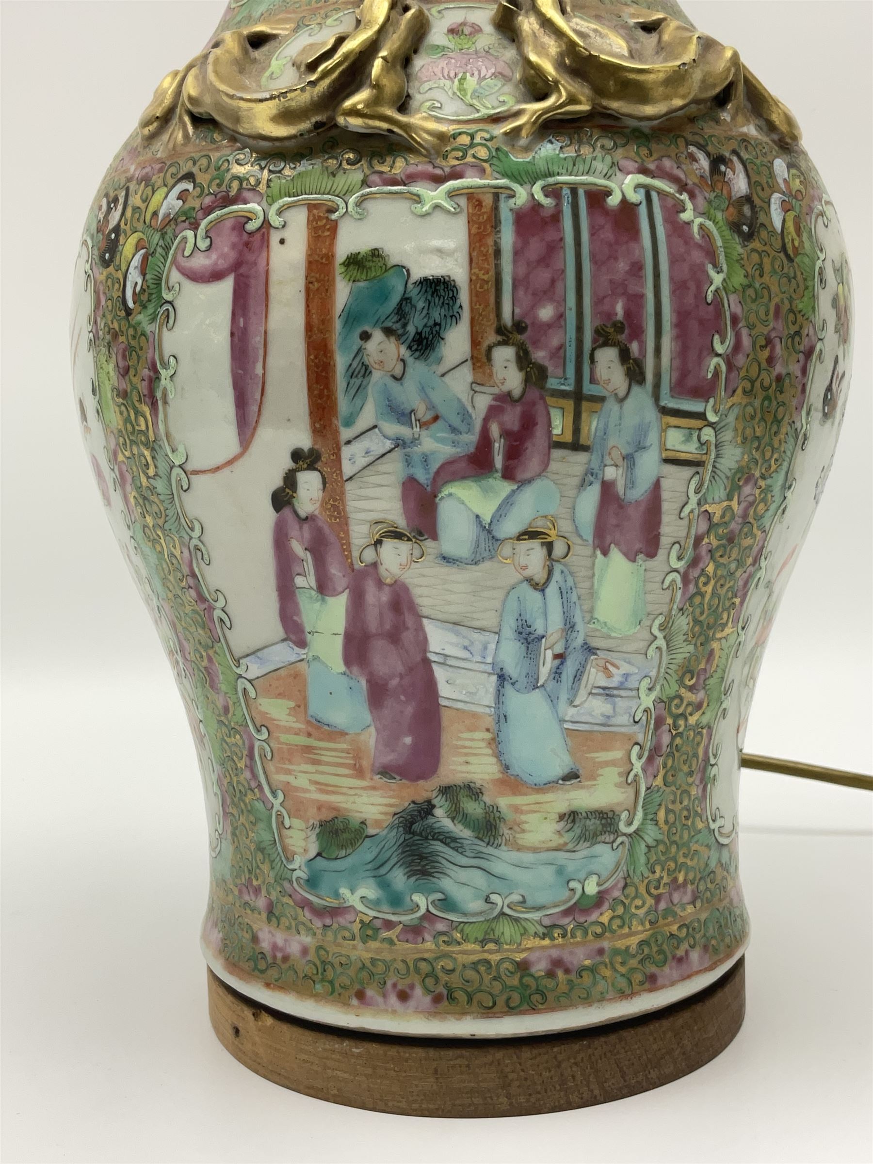 19th century Chinese Canton Famille Rose vase, decorated with figural panels against floral and foliate scroll ground, converted to a lamp, H46cm