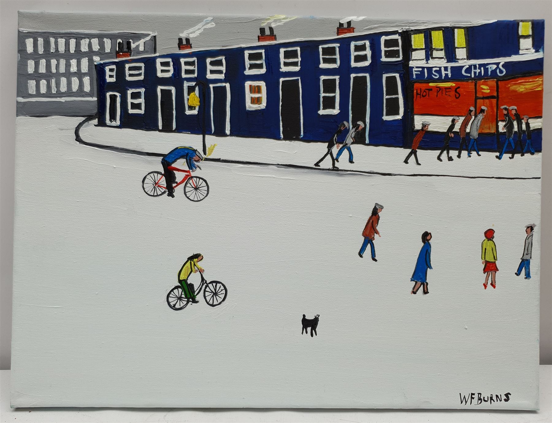 William Findley Burns (Northern British 1949-): 'The Chip Shop', oil on canvas signed, titled verso 30cm x 40cm (unframed)