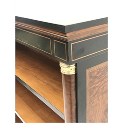 Empire style inlaid ash curl open bookcase, projecting cornice, two adjustable shelves flanked by blind columns, bun feet,  W141cm, H126cm, D40cm