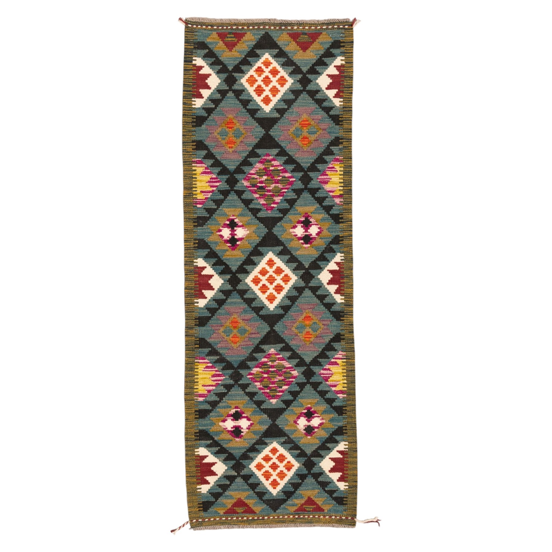 Afghan kilim teal ground runner rug, the field decorated with assorted lozenges with geometric motifs and dark indigo borders, enclosed by a narrow striped guard band