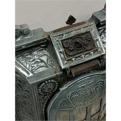 Deville & Co - French Art Nouveau period blue enamel stove, decorated with floral scrolls and flower heads, shell heath, W69cm, H78cm