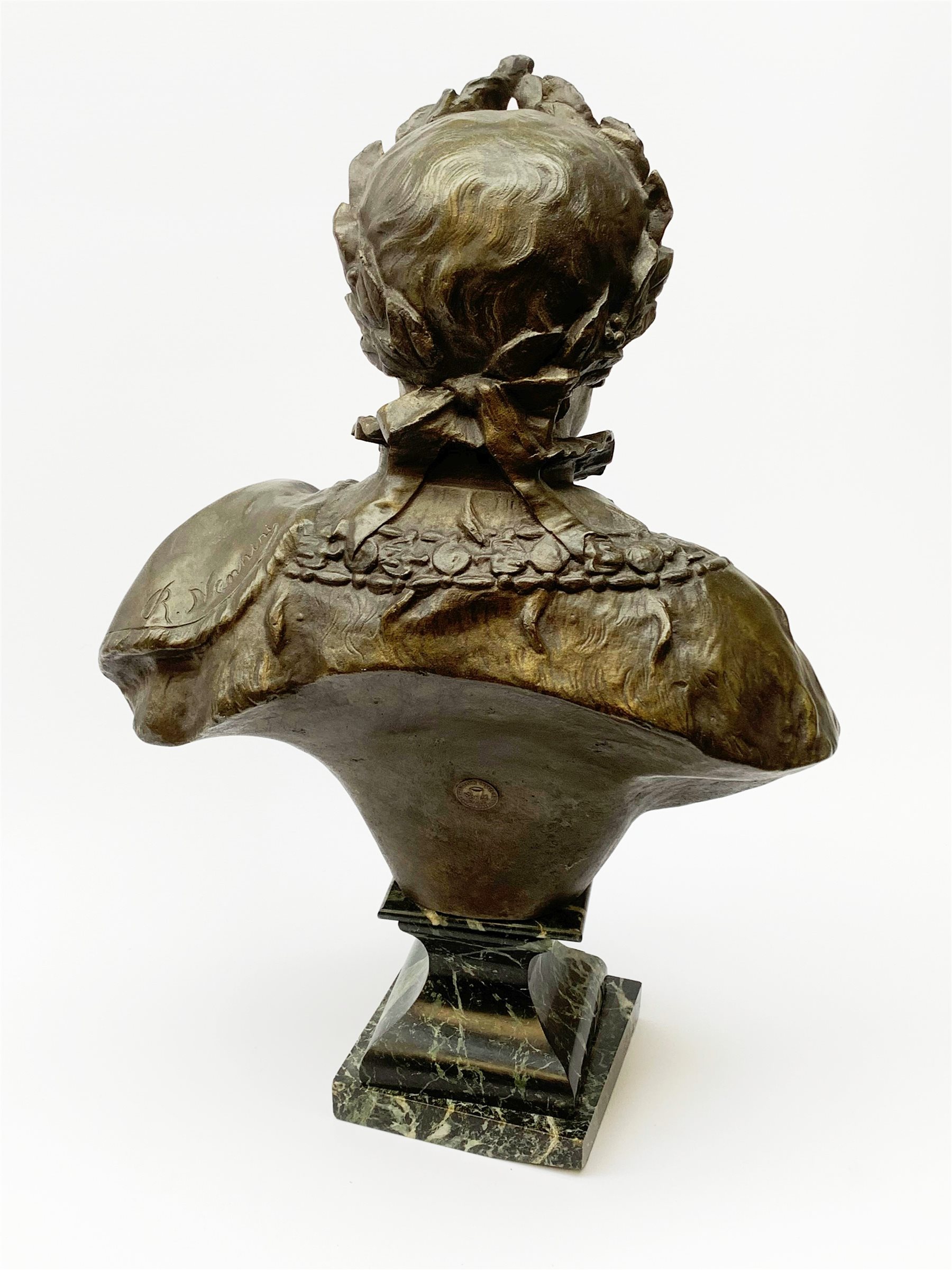 After R. Nannini, large bronzed spelter head and shoulder bust of Napoleon wearing a laurel wreath, on variegated green marble base with gilt metal 'N' and eagle, bears signature and Paris France fabrication medallion H54cm