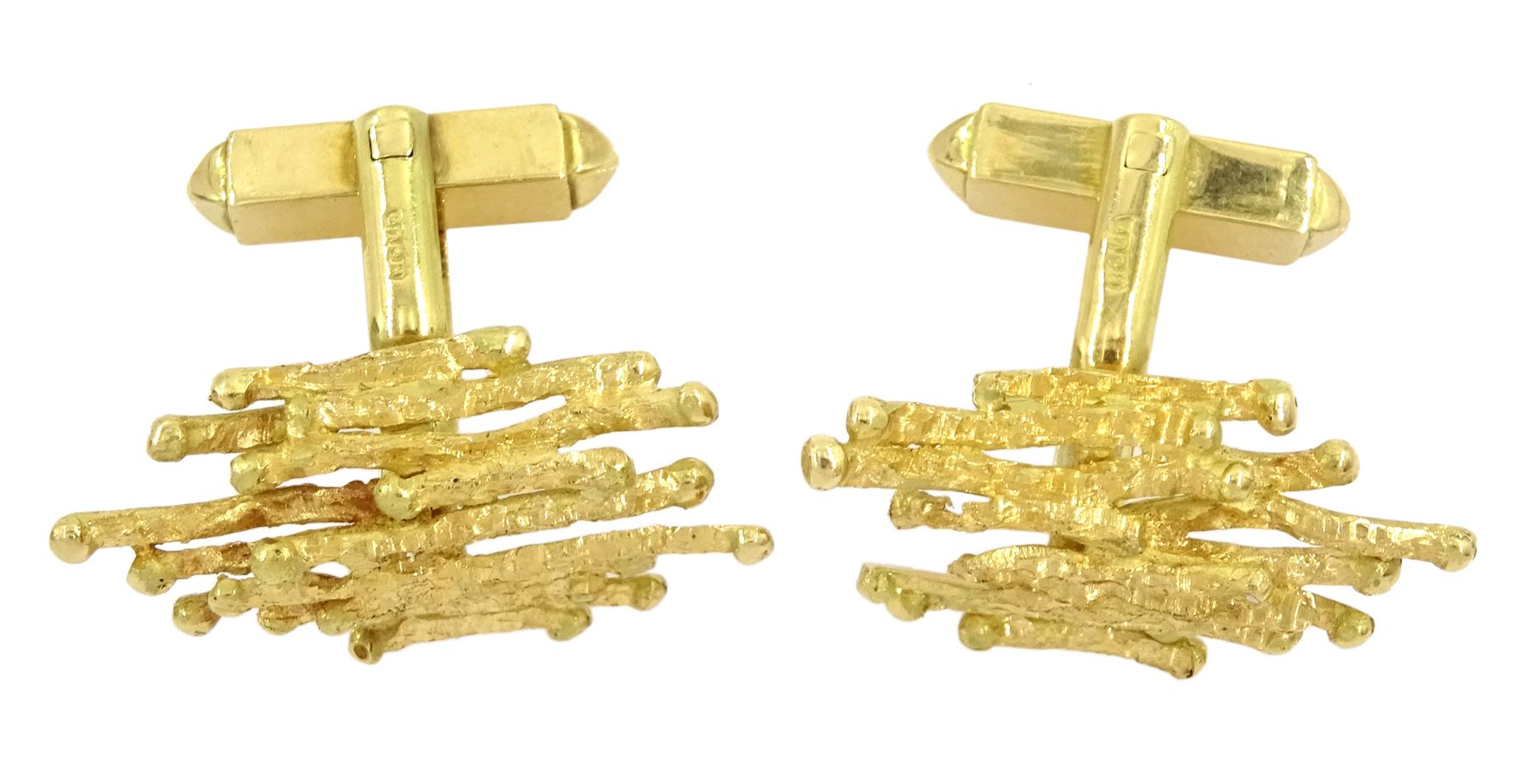 Andrew Grima pair of 18ct gold 'twig' design cufflinks, makers mark H J & Co, hallmarked London 1966, boxed with receipt dated 1967