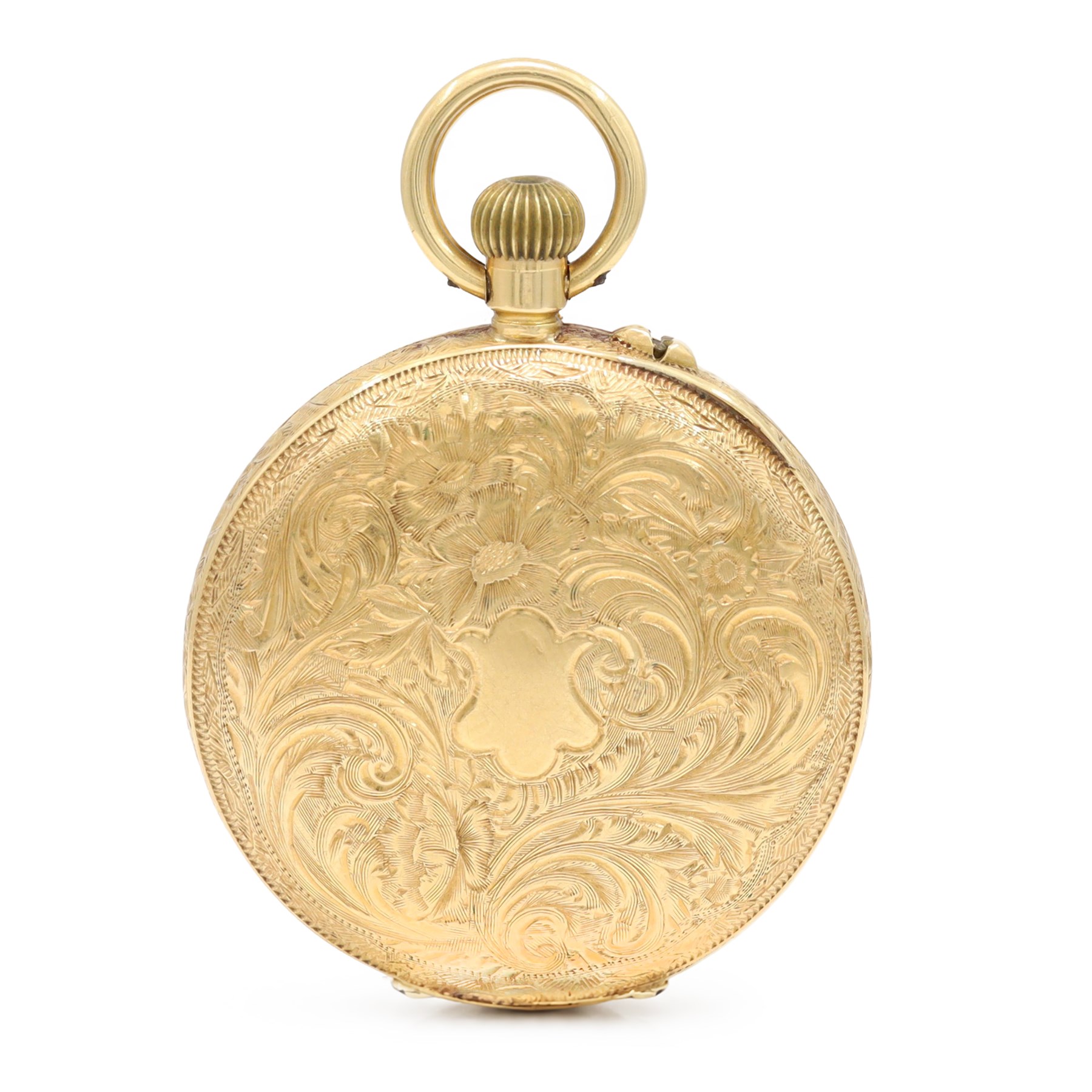 Edwardian 18ct gold open face keyless lever fob watch, white enamel dial with Arabic hour markers and subsidiary seconds dial, engraved foliate case, London import mark 1907