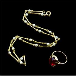 Pearl bead and 9ct gold bar necklace, hallmarked and a 9ct gold red stone set ring
