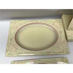 Clarice Cliff Biarritz part dinner set, circa 1930, for Royal Staffordshire, of rectangular form, decorated with bluebells, to include one serving plate, six dinner plates, three side plates, etc, printed mark beneath with reg no 784849 (17)