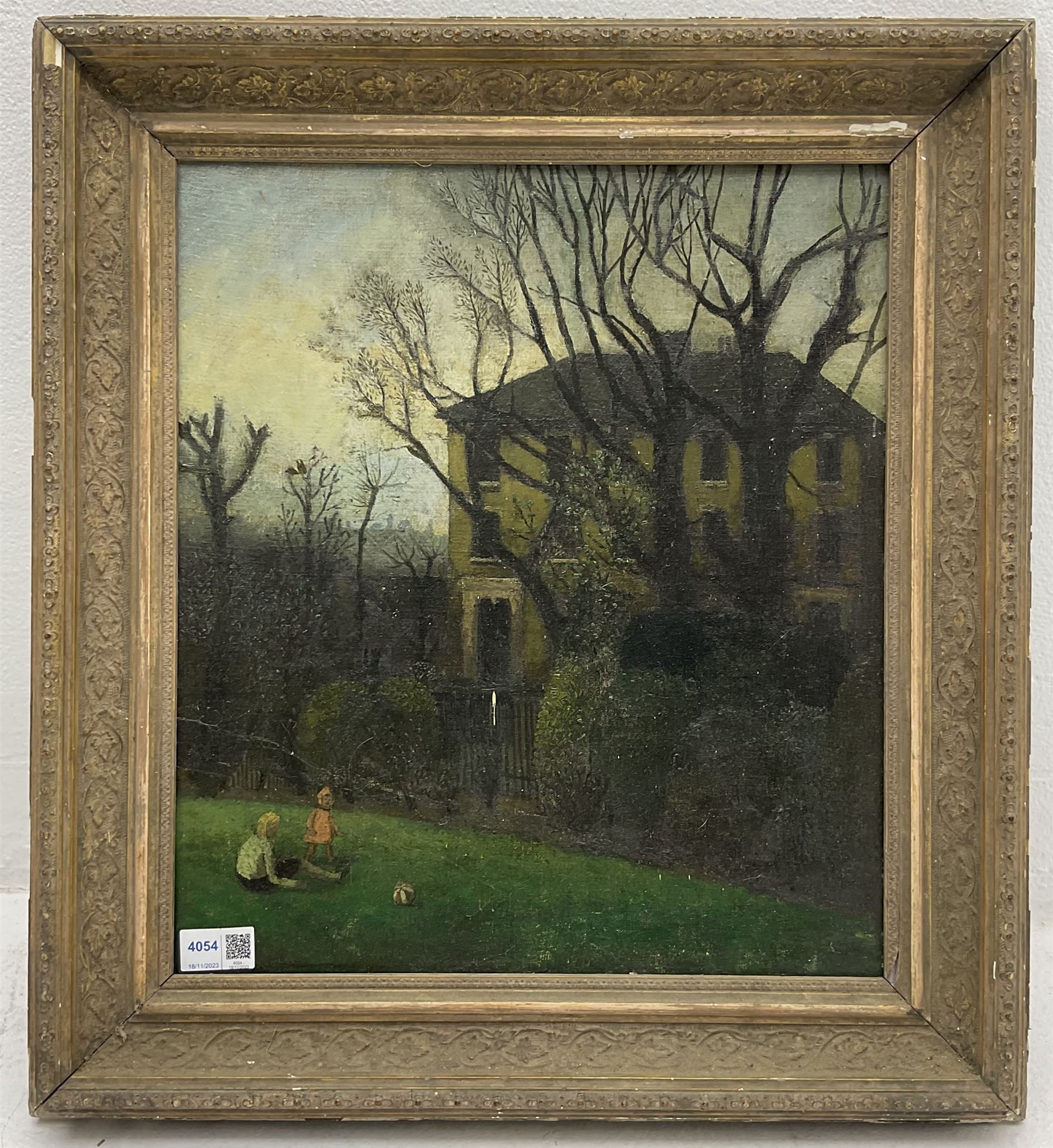Barbara Hamlyn (British 20th century): Children Playing Outside Manor in Winter, oil on board signed verso 42cm x 37cm