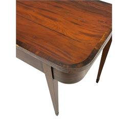 Early 19th century figured mahogany side or tea table, the fold-over top with rosewood band, frieze fitted with single drawer, on square tapering supports with boxwood stringing