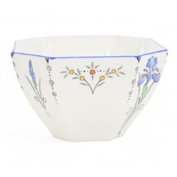 Shelley Art Deco Queen Anne shaped coffee service in the blue iris pattern comprising coffee pot, cream jug, sugar bowl, six cups, six saucers