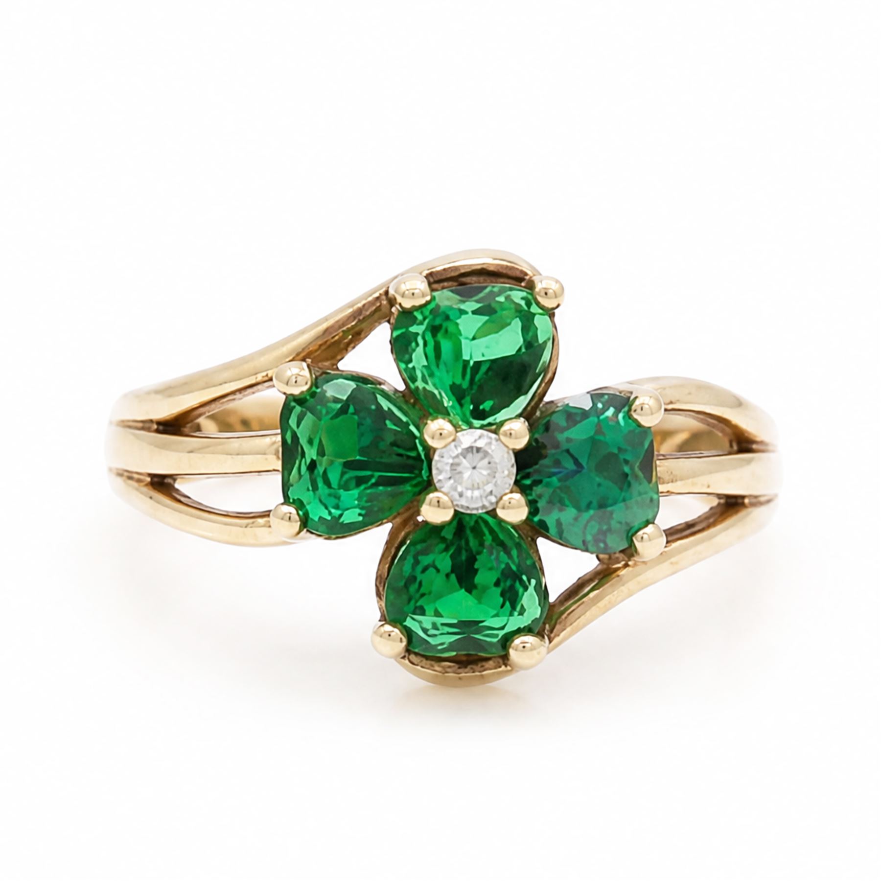 9ct gold green and white paste stone, four leaf clover cluster ring, hallmarked