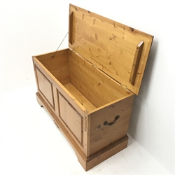 Solid pine blanket box, hinged lid, shaped plinth base, W109cm, H63cm, D46cm