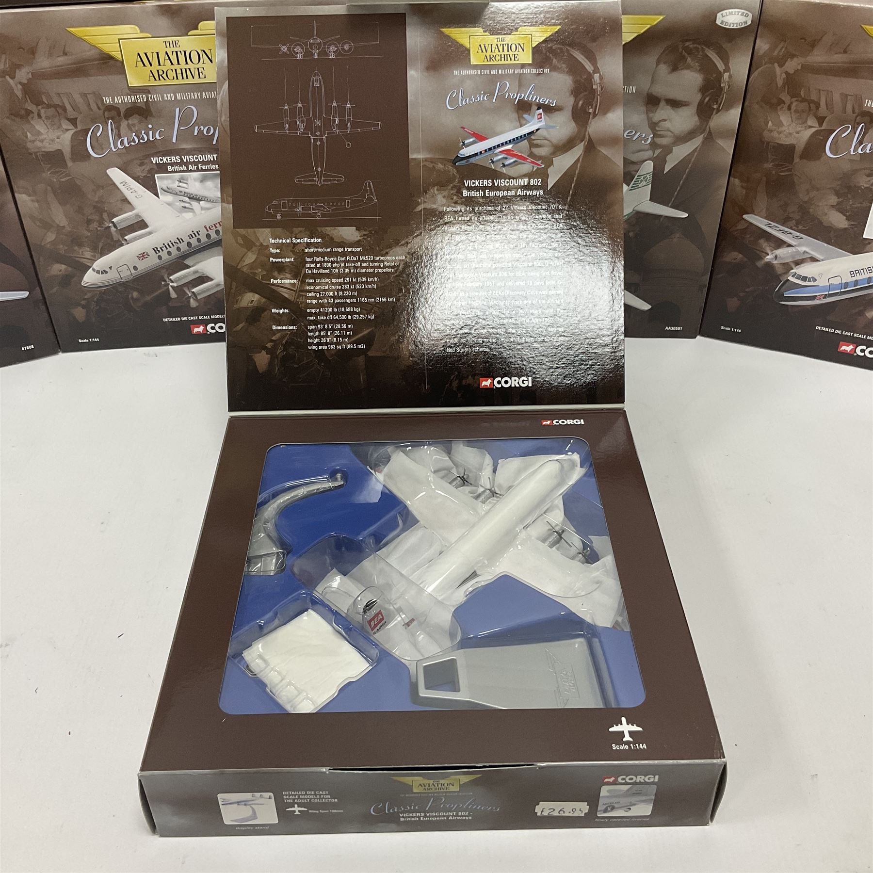 Corgi - Aviation Archive, eleven ‘Classic Propliners’ 1:144 scale models comprising Vickers Viscount models; 47601 700 Series British European Airways; 47602 Parcelforce; 47603 Continental Airlines; 47604 800 Series Lufthansa; 47605 700 Series British Eagle no.391/2900; 47606 806 Virgin Atlantic Airways; 47607 802 British European Airways; 47608 806 British Airways no.985/3000; 47609 836 British Midland Airways no.1530/2500; AA30501 800 Aer Lingus no.651/2100; AA30503 800 British Air Ferries no. 1131/2100; all boxed (11) 