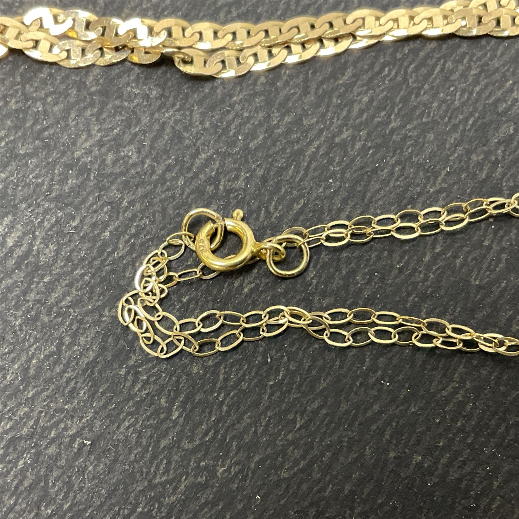 9ct gold jewellery, including gate bracelet, cross pendant, hoop earrings, two chain necklaces and a sapphire pendant necklace